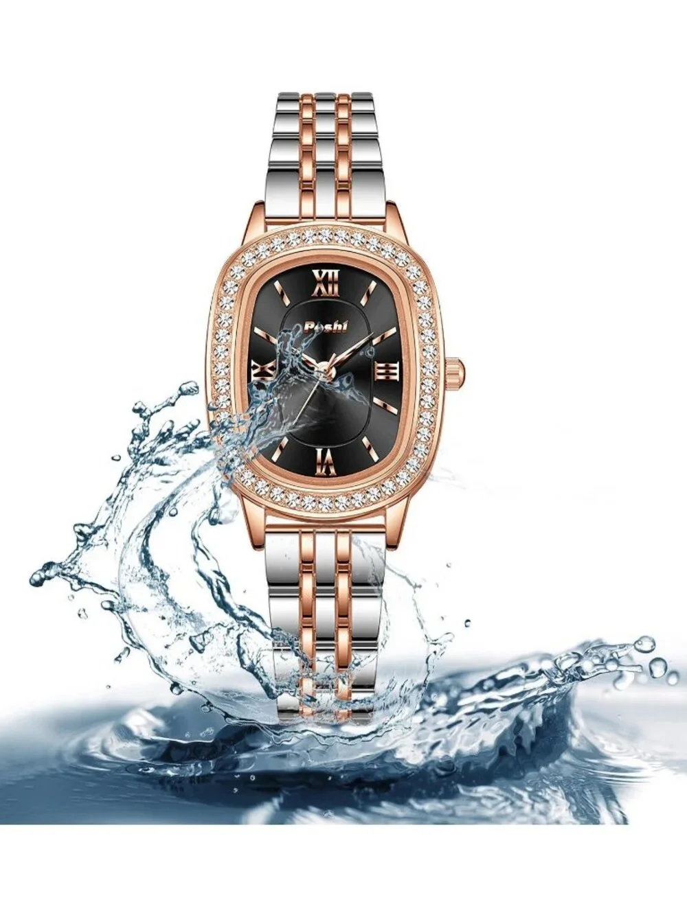 Women's Rose Gold-Black Waterproof Dainty Diamond Oval Analog Luxury Watches